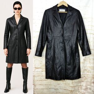 Jones New York Coat Womens S Black Genuine Leather Midi Length Trench Goth Y2K